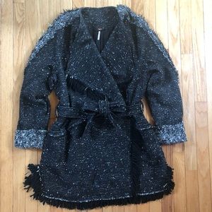 Free People Black Fringe Tie Blanket Coat